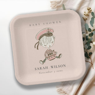 Blush Pink Girl Little Sailor Nautical Baby Shower Paper Plate