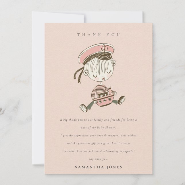 Blush Pink Girl Little Sailor Nautical Baby Shower Thank You Card (Front)
