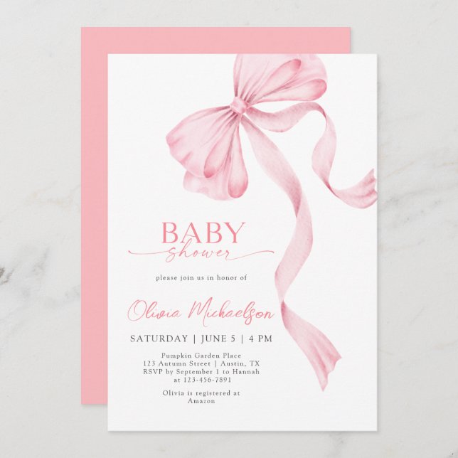 Blush Pink Girl Ribbon Bow Coquette Baby Shower Invitation (Front/Back)