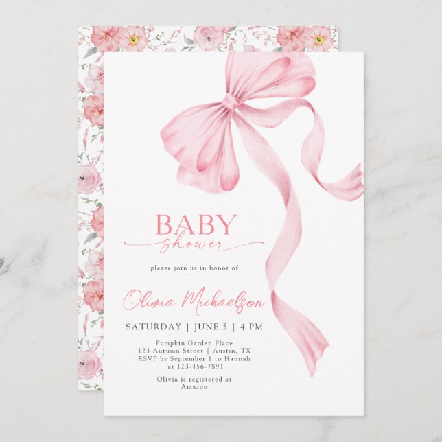 Blush Pink Girl Ribbon Bow Coquette Baby Shower Invitation (Front/Back)