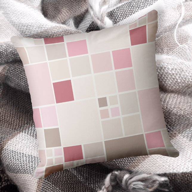 Blush Pink Girly Chic Mosaic Pattern Pillow (Modern pillow featuring a mosaic checkered pattern in warm peach, soft chocolate and pink pastels)
