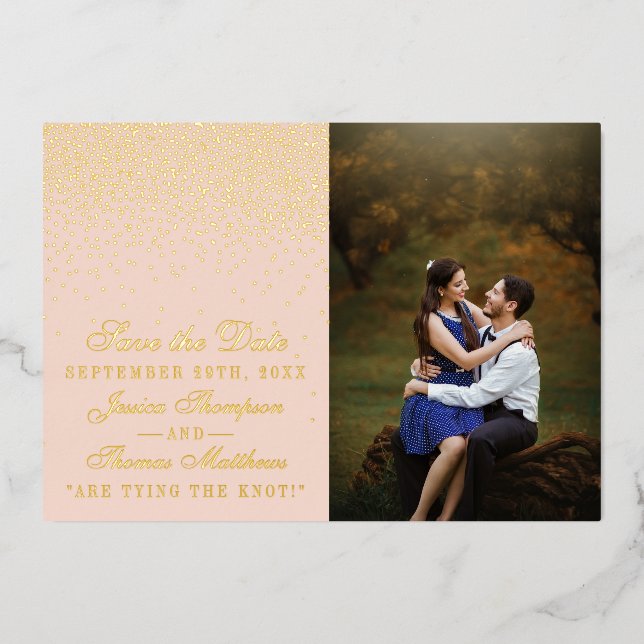 Blush Pink & Glam Confetti Photo Save The Date (Front)