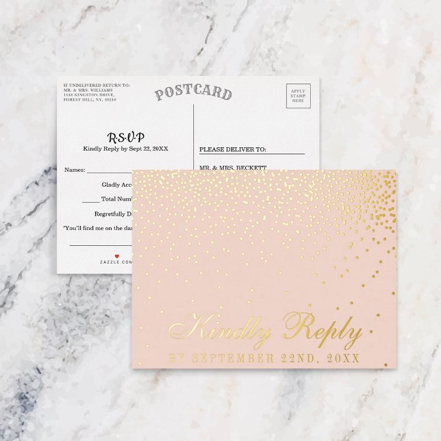 Blush Pink & Glam Confetti Wedding RSVP Real Foil Invitation Postcard (Creator Uploaded)
