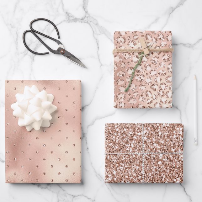 Blush Pink Glam Glitter Dots Leopard Print Wrapping Paper Sheet (Front)