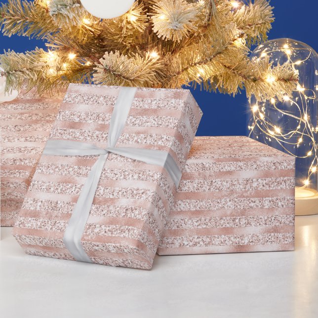 Blush Pink Glam Glitter Stripes Wrapping Paper (Holidays)
