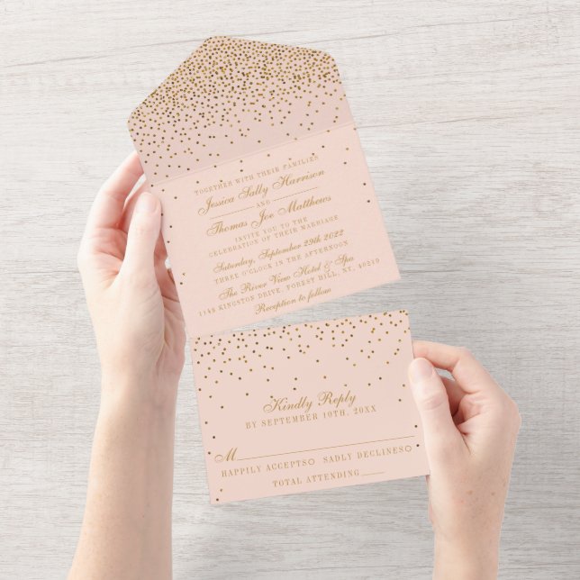 Blush Pink & Glam Gold Confetti Wedding All In One Invitation (Tearaway)