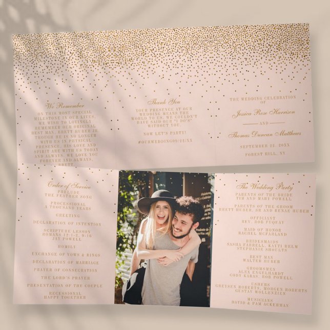 Blush Pink & Glam Gold Confetti Wedding Collection Tri-Fold Programme (Creator Uploaded)