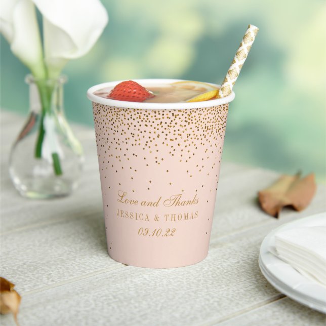 Blush Pink & Glam Gold Confetti Wedding Paper Cups (Insitu)