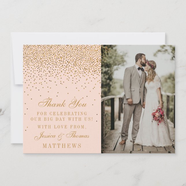 Blush Pink & Glam Gold Confetti Wedding Photo Thank You Card (Front)