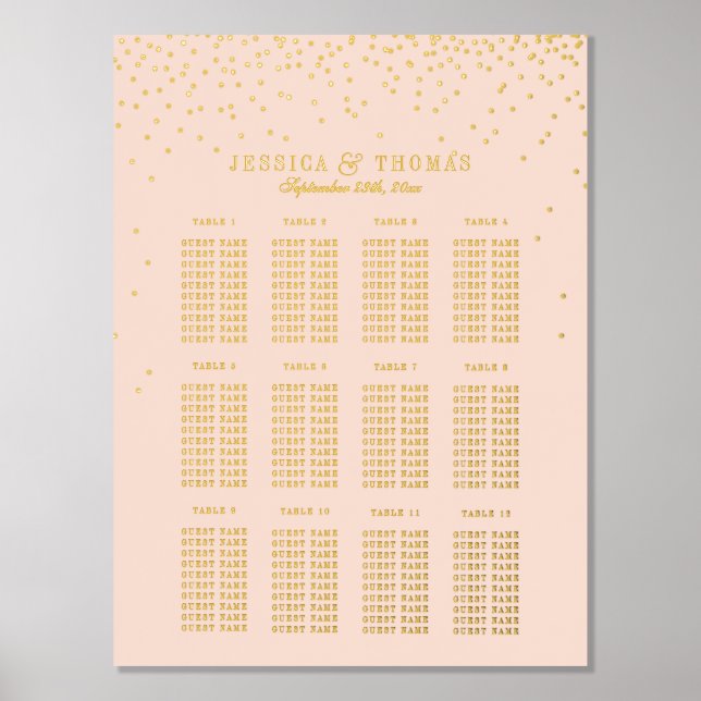 Blush Pink & Glam Gold Confetti Wedding Seating Foil Prints (Front)