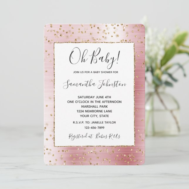 Blush Pink Glam Gold Sparkle Confetti Baby Shower Invitation (Standing Front)
