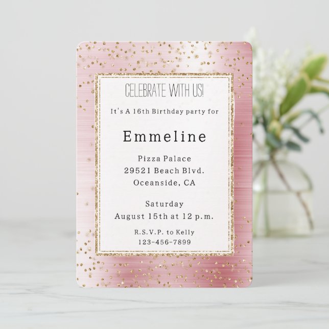 Blush Pink Glam Gold Sparkle Confetti Birthday Invitation (Standing Front)