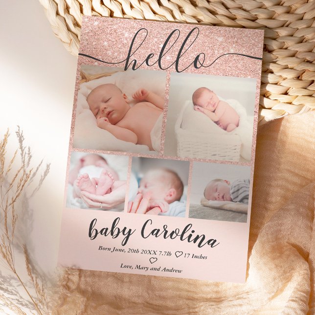 blush pink glitter 5 grid photo baby girl birth announcement (Creator Uploaded)
