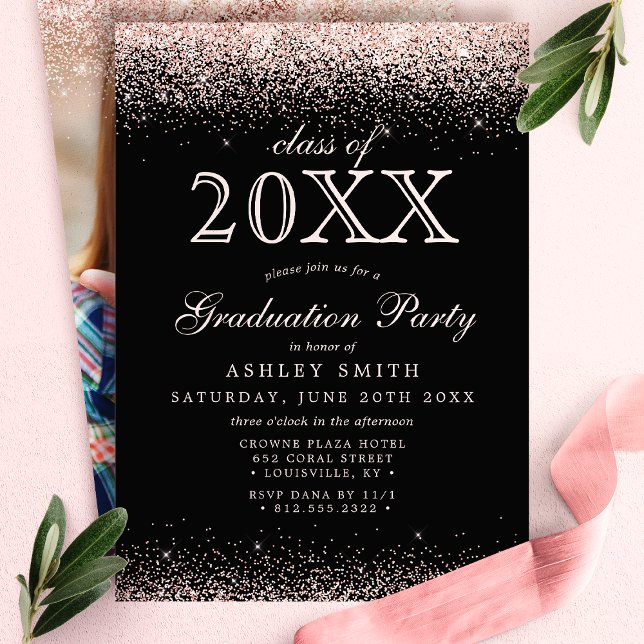 Blush Pink Glitter Black Photo Graduation Invitation (Creator Uploaded)