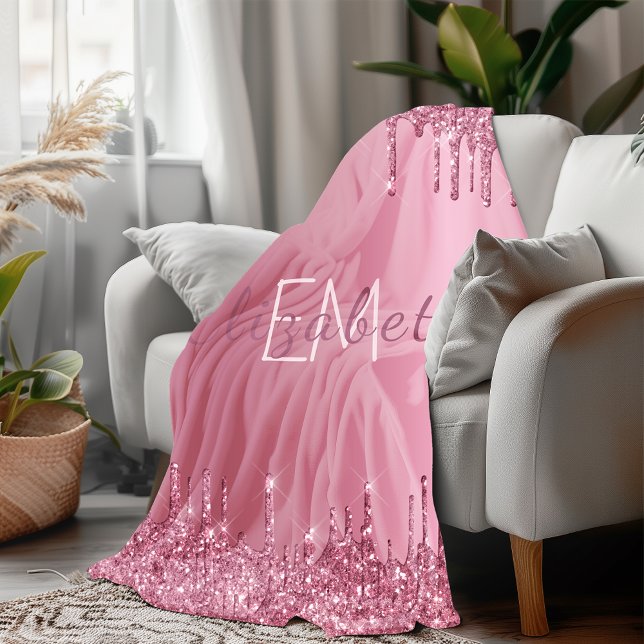 Blush Pink Glitter Dripping Monogram Personalised  Fleece Blanket (Blush Pink Metal Dripping Glitter Monogram Name Fleece Blanket)