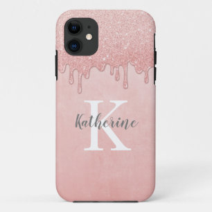 Blush Pink Glitter Drips Monogram iPhone 11 Case