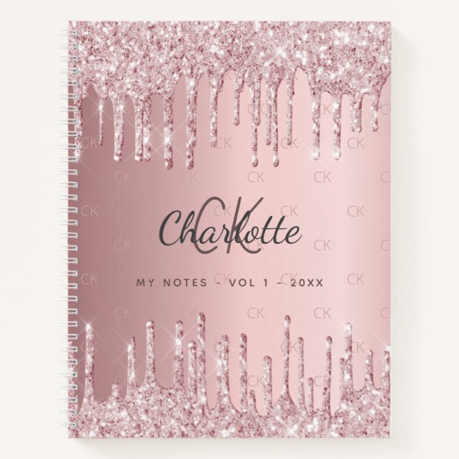Blush pink glitter drips monogram script notebook (Front)