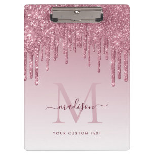 Blush Pink Glitter Drips Sparkle Modern Monogram Clipboard