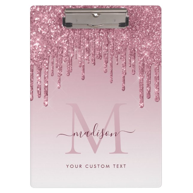 Blush Pink Glitter Drips Sparkle Modern Monogram Clipboard (Front)
