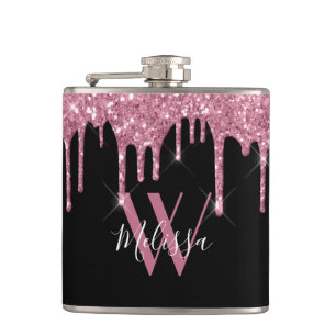Blush Pink Glitter Drips Sparkle Monogram Black Hip Flask