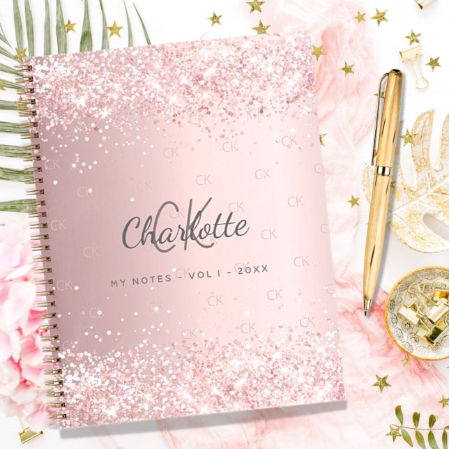 Blush pink glitter dust monogram script notebook (Creator Uploaded)