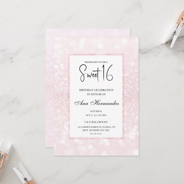 Blush pink glitter elegant chic Sweet 16  Invitation (Front/Back In Situ)