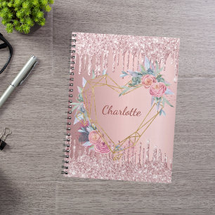 Blush pink glitter floral monogram name diary notebook