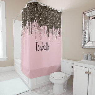 Blush Pink Glitter Girly Sparkle Personalised Name Shower Curtain