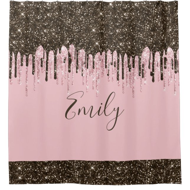 Blush Pink Glitter Girly Sparkle Personalised Name Shower Curtain (Front)