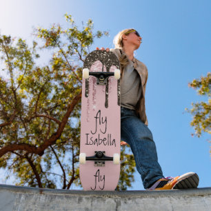 Blush Pink Glitter Girly Sparkle Personalised Name Skateboard