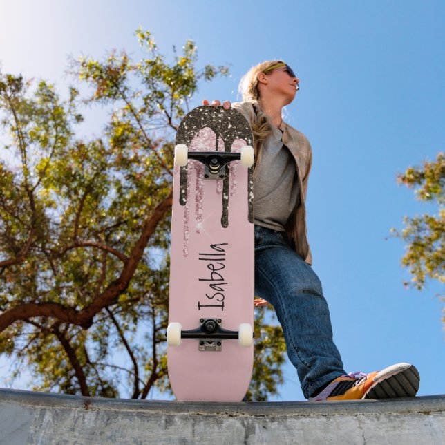 Blush Pink Glitter Girly Sparkle Personalised Name Skateboard (Outdoor 1)