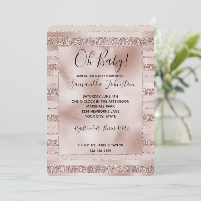 Blush Pink Glitter Glam Stripes Baby Shower Invitation (Standing Front)