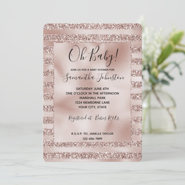 Blush Pink Glitter Glam Stripes Baby shower Invitation (Standing Front)