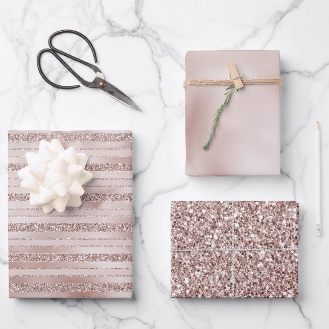 Blush Pink Glitter Glam Stripes Wrapping Paper Sheet (Front)