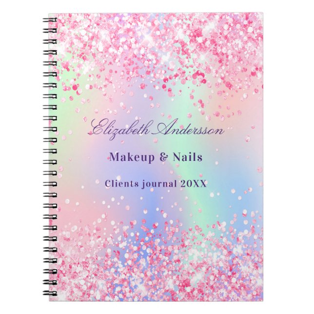 Blush pink glitter holographic name business notebook (Front)
