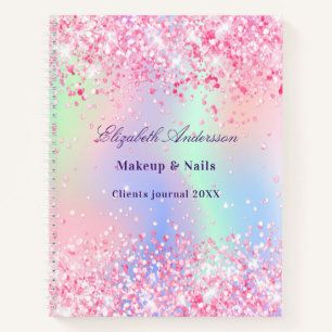 Blush pink glitter holographic name business notebook