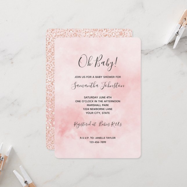 Blush Pink Glitter Leopard Baby Shower Invitation (Front/Back In Situ)