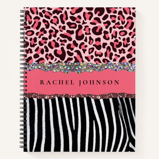 Blush Pink Glitter Leopard Print Diary Spiral Notebook (Front)