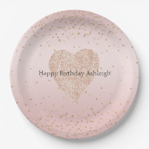 Blush Pink Glitter Love Gold Confetti Heart      Paper Plate