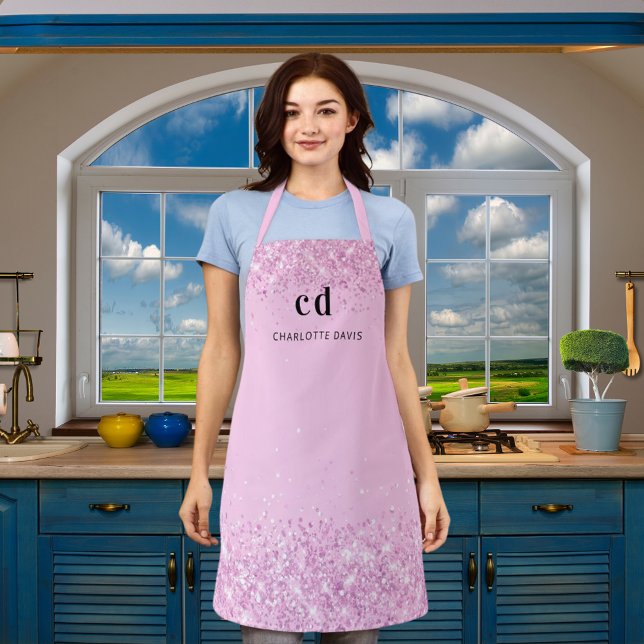 Blush pink glitter monogram initials name apron (Creator Uploaded)