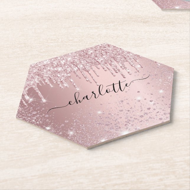 Blush pink glitter name script paper coaster (Angled)