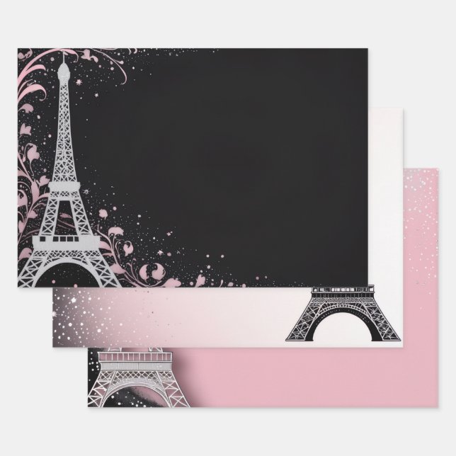 Blush Pink Glitter Parisian Theme Metallic Silver  Wrapping Paper Sheet (Set)