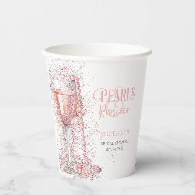 Blush Pink Glitter Pearls and Prosecco Thank You Paper Cups (Front)