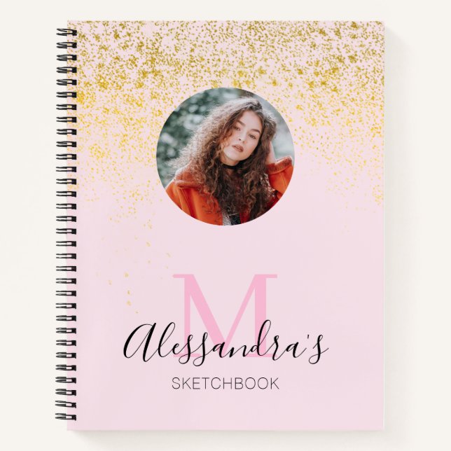 Blush Pink Glitter Photo Monogram Sketchbook Noteb Notebook (Front)