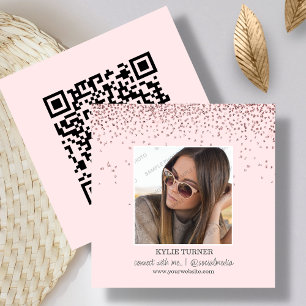 Blush Pink Glitter Photo Social Media QR Code Square Business Card