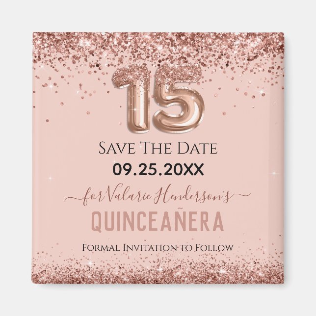 Blush Pink Glitter Quinceanera Save the Date Magnet (Front)