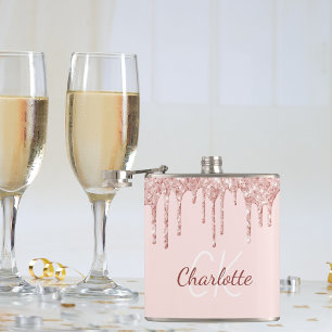 Blush pink glitter rose gold monogram name hip flask