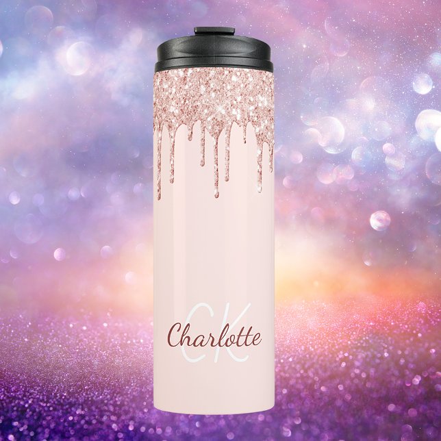 Blush pink glitter rose gold monogram name thermal tumbler (Creator Uploaded)