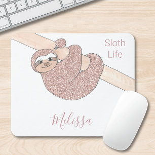 Blush Pink Glitter Sloth Life Name Mouse Pad