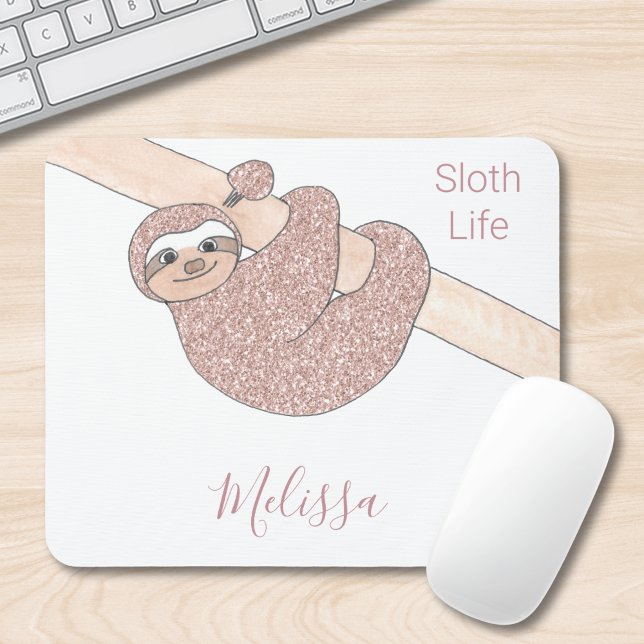 Blush Pink Glitter Sloth Life Name Mouse Pad (Creator Uploaded)